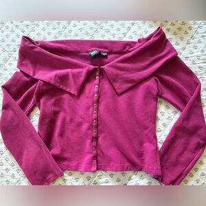 Anthro Pink Off-Shoulder Button-Up Top